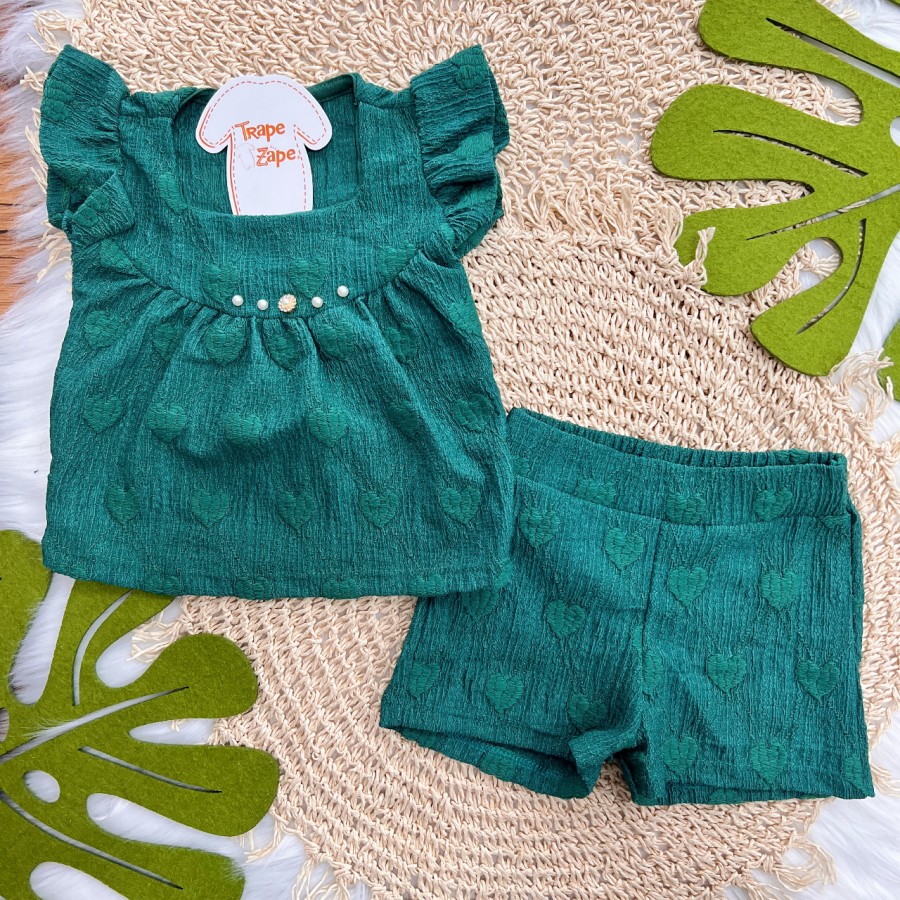 Conj. Blusa com Pérolas e Short Anarruga Corações - Verde 